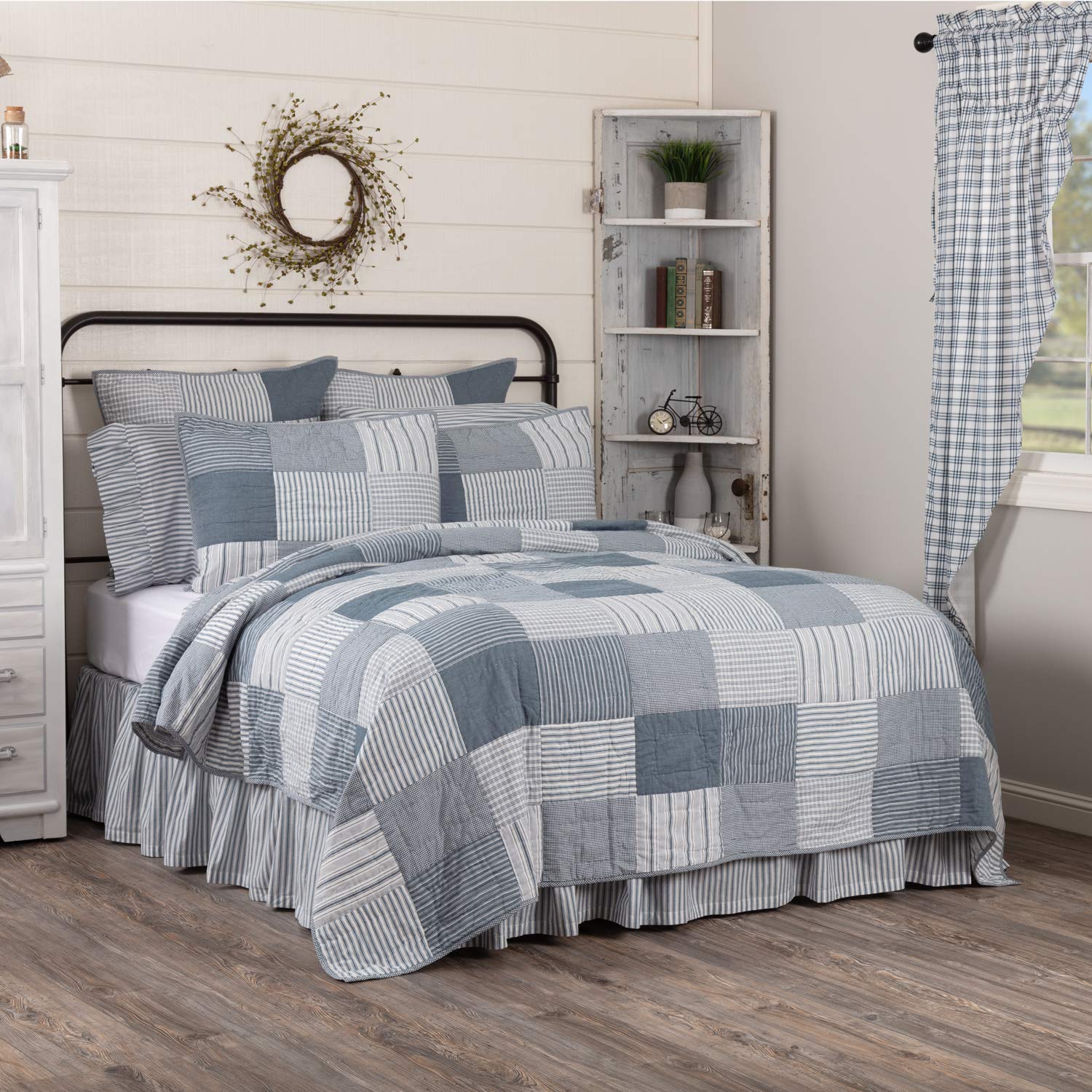 Vhc Brands Sawyer Mill Blue Vintage Farmhouse Patchwork All-Season Twin Quilt, Reversible 100% Cotton Bedspread (68X86)